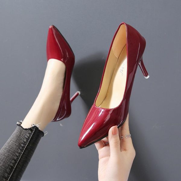 

dress shoes patent leather women's pumps 2021 8cm thin high heel solid slip-on shallow wedding party official elegent, Black