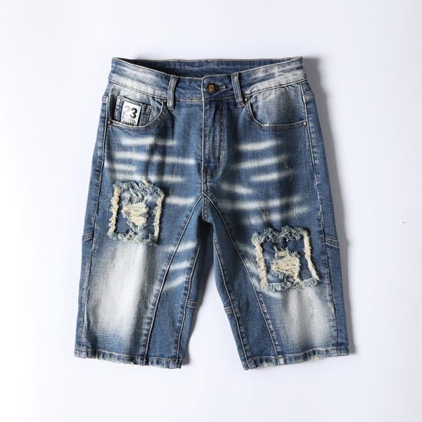 

men's jeans men summer blue shorts slim fit stretch distressed patchwork denim casual streetwear rip jeasn high quality