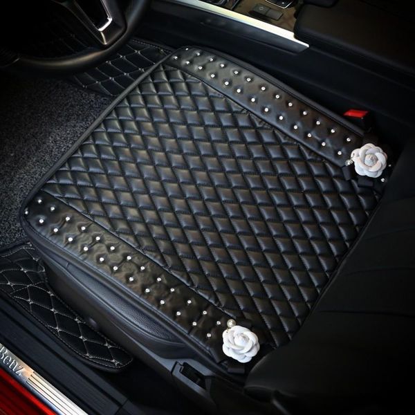 

car seat covers diamond crystal leather cushion pad woman styling camellia flower rhinestone universal size 1pcs front