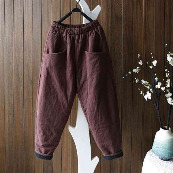 

arrival autumn winter arts style women elastic waist loose thicken pants vintage cotton linen warm harem v178 210512, Black;white