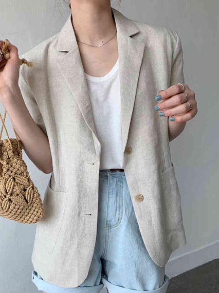 

[ewq] minimalism women black casual linen blazer new notched short sleeve loose fit jacket fashion tide spring summer f0485 210423, White;black
