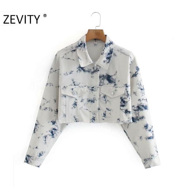 

women's jackets zevity women vintage tie dye painting pocket short shirt coat female long sleeve outwear denim jacket casual slim ct59, Black;brown