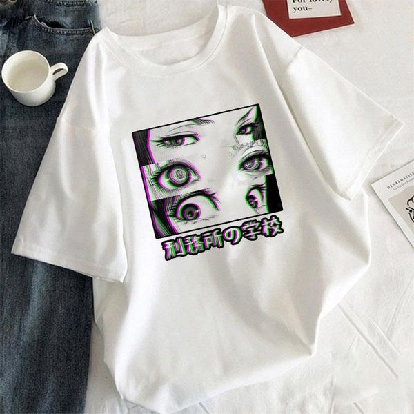 

women's t-shirt tearful girl woman aesthetic graphics harajuku black manga anime female kawaii summer tee casual, White