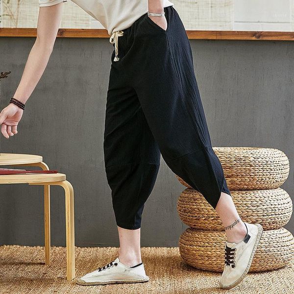 

men's pants cropped casual leggings leg harem beach fat size wide lantern, Black