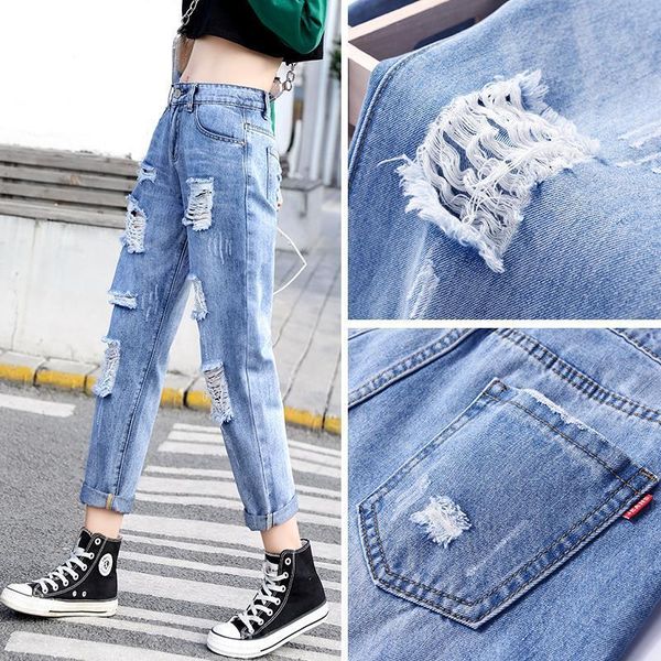 

women's jeans ripped baggy straight leg pants 2021 spring high waisted skinny, Blue