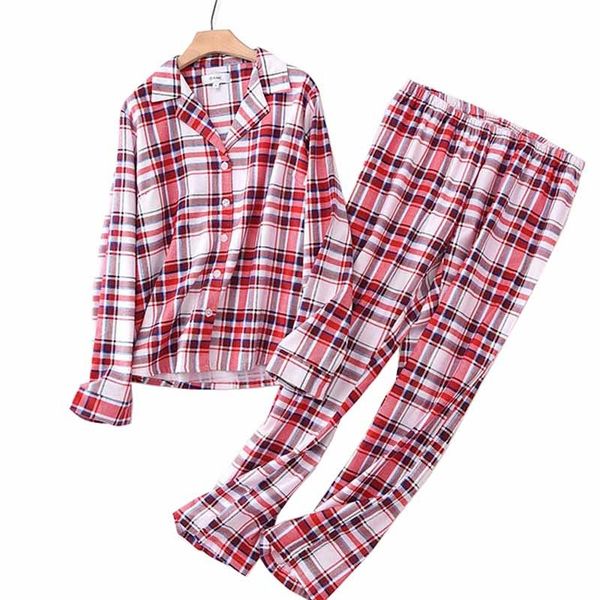 

women's sleepwear women pajamas set comfort cotton simple style red plaid ladies sleep shirt+pants autumn and winter femme homewea, Black;red