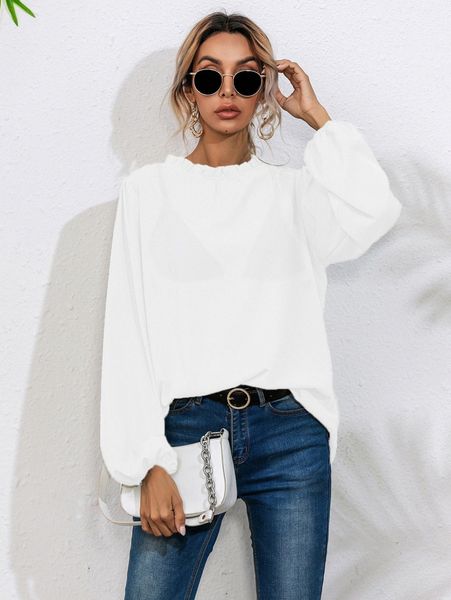 

frill neck bishop sleeve blouse 58ra#, White
