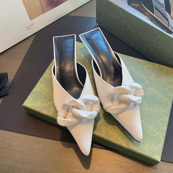 

sandals thin v mouth baotou half slippers women's outer wear large chain shallow stiletto heel muller support shoes, Black