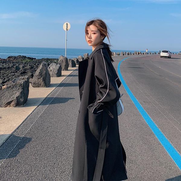 

spring autumn fashion black windbreakers womens trench coats with belt female long slim coat overcoat women casual loose women's, Tan;black
