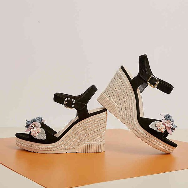 

sandals women's genuine leather wedge platform open toe applique flower bohemia style elegant ladies high heels summer shoes ic5a, Black