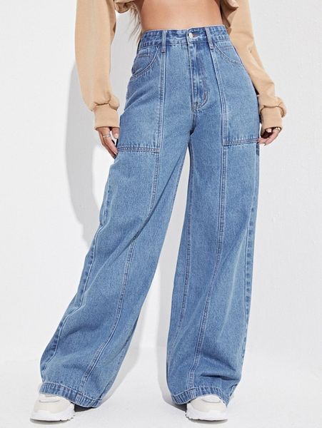 

slant pocket wide leg jeans v1bb#, Blue