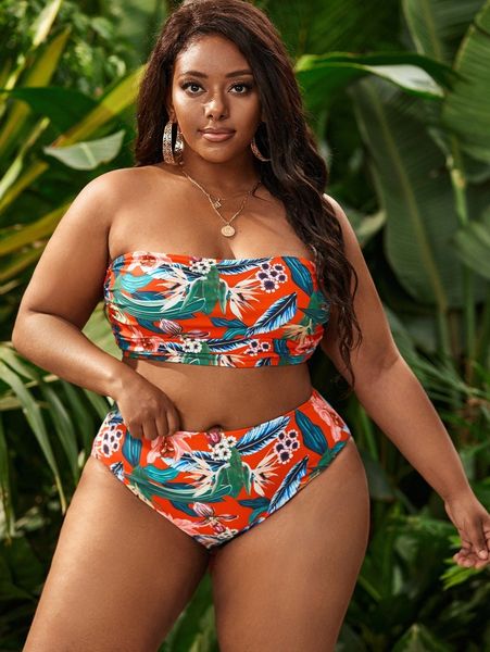 

plus plant print bandeau bikini swimsuit y4aw#, Black
