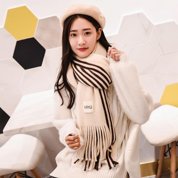 

scarves japanese and korean solid color cashmere scarf women's winter fashion warm tassel matching striped wholesale, Blue;gray