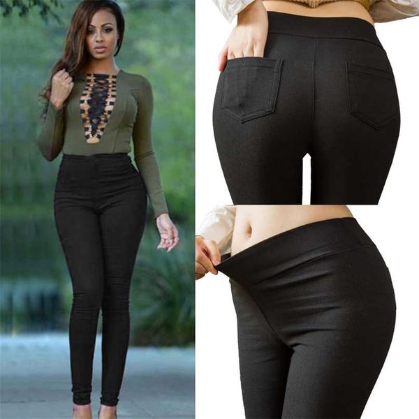 

plus size women pencil pants cotton trousers pocket slim jeggings denim skinny 211007, Black;white