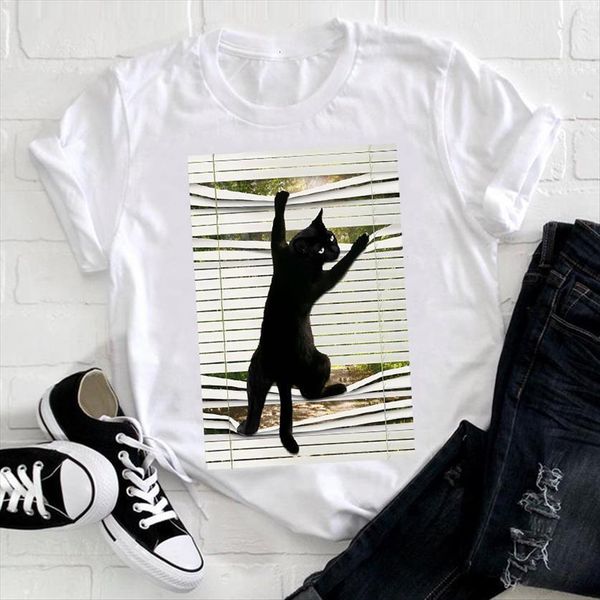 

cute cat fashion short sleeve womens t shirt striped clothing printing clothes print female tee ladies graphic, White