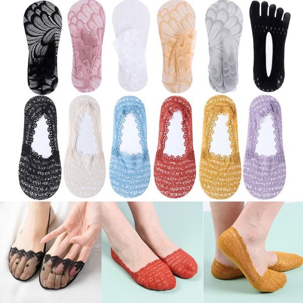

1pair 2021 fashion summer women lace boat socks antiskid invisible ankle low cut flat elastic short hosiery &, Black;white