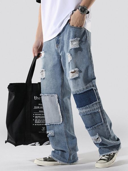 

men raw hem ripped jeans c7sl#, Blue