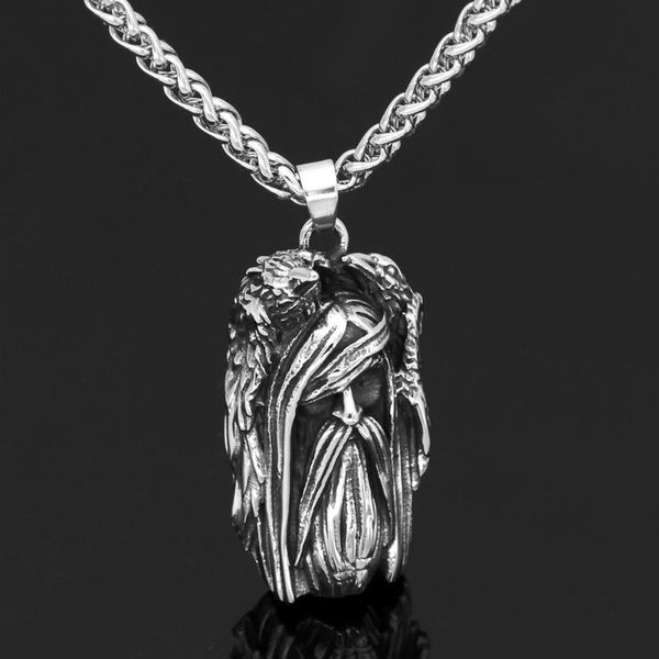 

pendant necklaces nordic viking amulet odin face wolf geri and freki stainless steel necklace with valknut rune gift bag, Silver