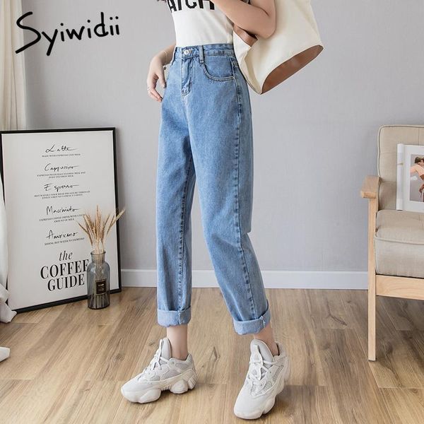 

women's jeans syiwidii women plus size high waist korean straight casual denim pants street style harem 2021 sky blue