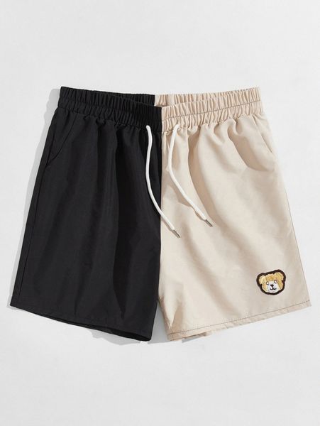 

romwe guys colorblock bear embroidery drawstring shorts k9sq#, Black