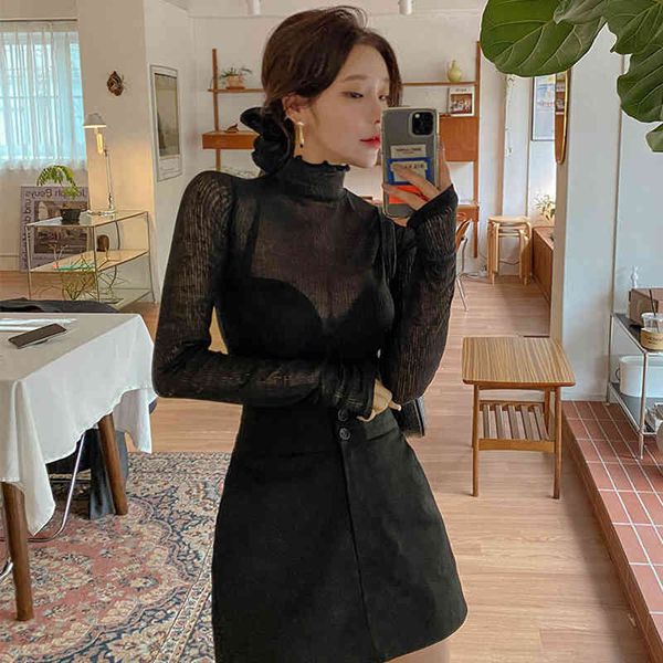 

the bottoming shirt for spring is a thin high-necked western-style transparent t-shirt women 210429, Black