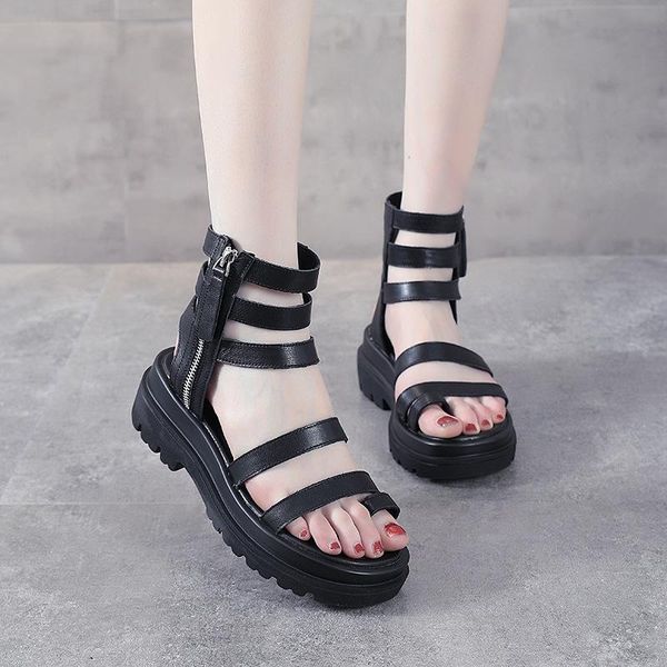 

sandals thick-soled leather women's summer flat-bottomed roman beach toe layer cowhide side zipper hollow boots, Black