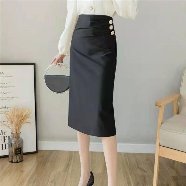 

skirts women 2021 spring summer fashion high waist thin female slim package hip ladies mid-long solid color e277, Black