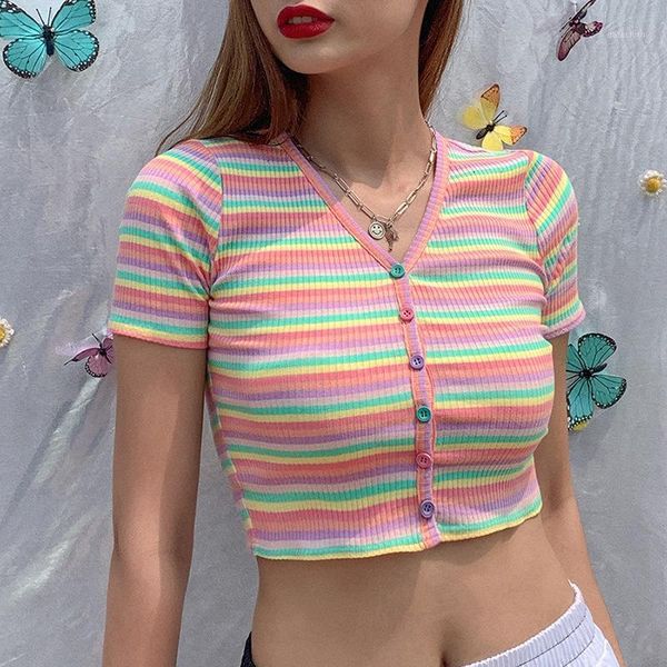 

women's t-shirt women summer cute crop short sleeve colorful striped printed single-breasted v-neck casual slim knitting shirt, White