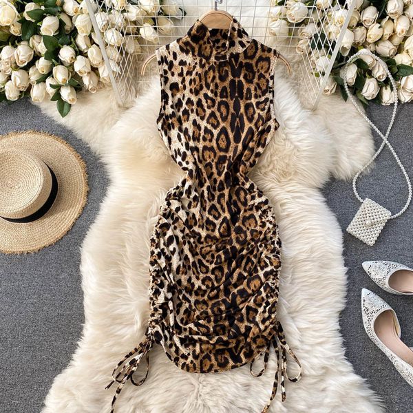 

two piece dress foamlina leopard print sleeveless bodycon women elegant stand collar drawstring draped slim fit night club ve, White