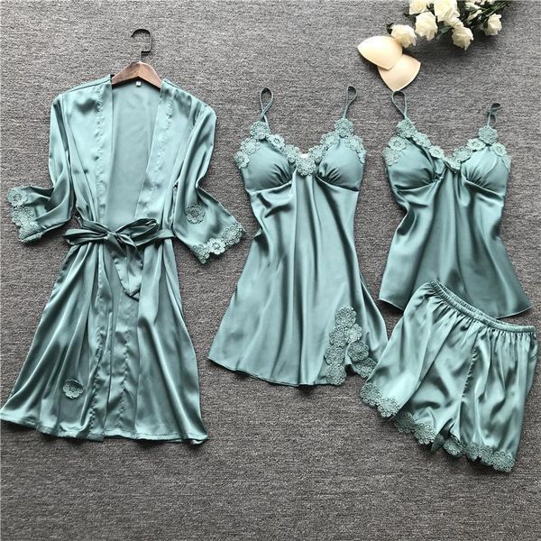 

summer women sleepwear pajama sets 4 pcs pyjamas satin elegant silk pijama with chest pads nightwear, Black;red