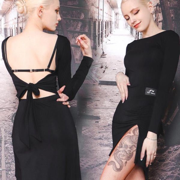 

stage wear latin dance dress adults salsa rumba cha samba dancewear long-sleeved dancing exercise clothes for women, Black;red