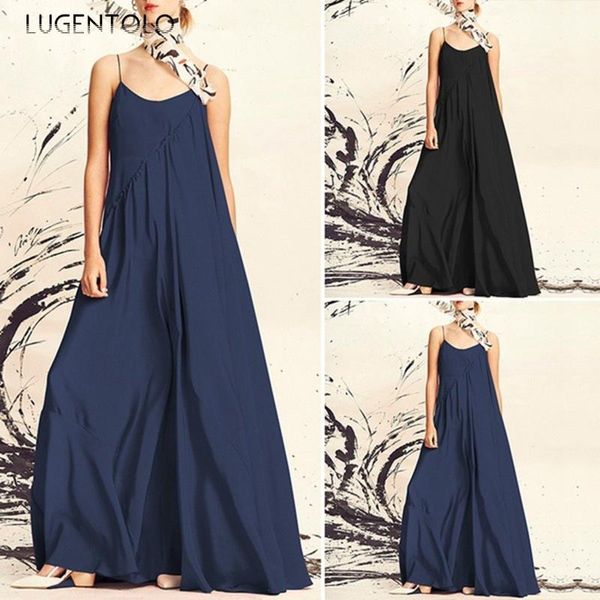 

lugentolo dress women simple large size summer sleeveless sold stitching strap backless casual female loose long dresses, Black;gray