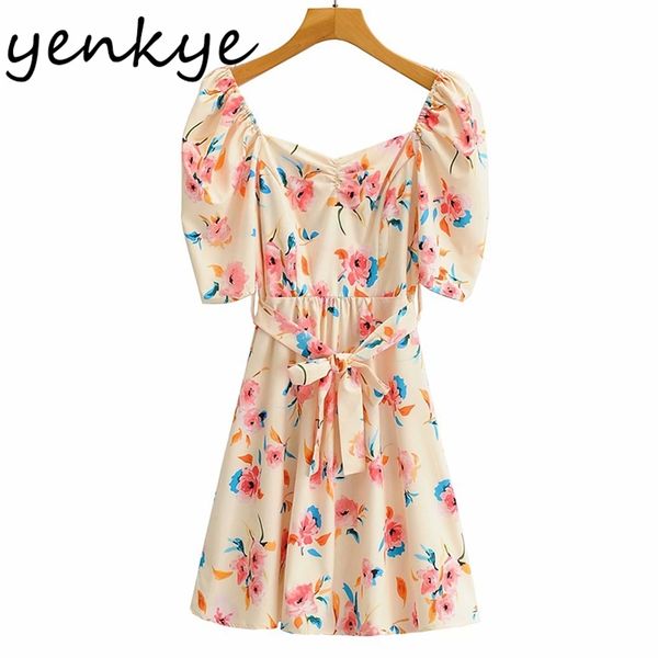 

sweet summer dress women v neck puff sleeve floral print female sashes a-line mini vestido 210514, Black;gray