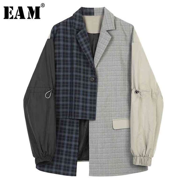 

[eam] women blue plaid asymmetrical big size blazer new lapel long sleeve loose fit jacket fashion spring autumn 1b4690 210330, White;black