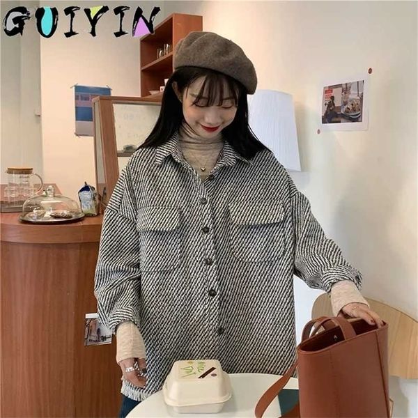 

fashion women autumn retro houndstooth shirts vintage tassel loose wild long sleeve jackets casual street lady outwears 211029, Black;brown