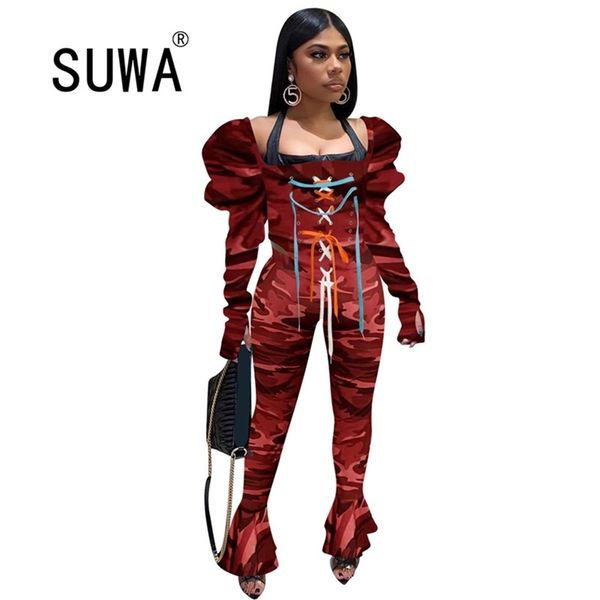

party night club trendy chic bandage women matching sets puff long sleeve pullover skinny flare pants 2 piece outfits 210525, White