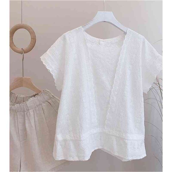 

women's blouses & shirts 2021 summer lolita fairy flowers hollow out e embroidery cotton white aquare collar shirt blouse boutique