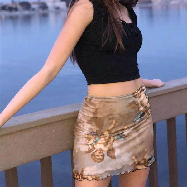 

skirts wholesales angle print mesh sheer see through elastic pleated skirt high waist bodycon mini short pencil, Black