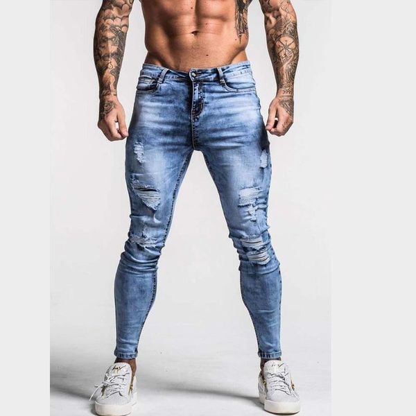 

street style jeans men pants cotton denim trousers zipper hole wash hip hop straight work vintage jean pencil pan men's, Blue