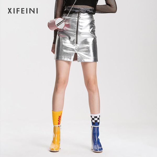 

skirts xifeini fashionable women spilt mini with middle zipper high waist pu leather slim street saias feminino, Black