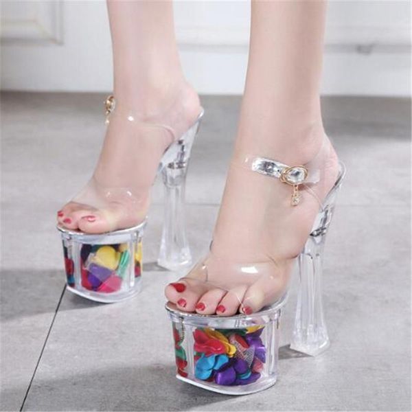 

sandals sandalias women's ladies pumps fashion pvc buckle 17.5cm thin high heels open toed waterproof platform party women shoes, Black