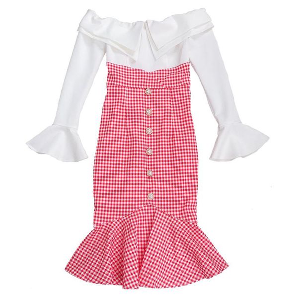 

casual dresses spring and autumn word collar bag hip dress slim plaid fishtail fake two-piece off-shoulder high waist female, Black;gray