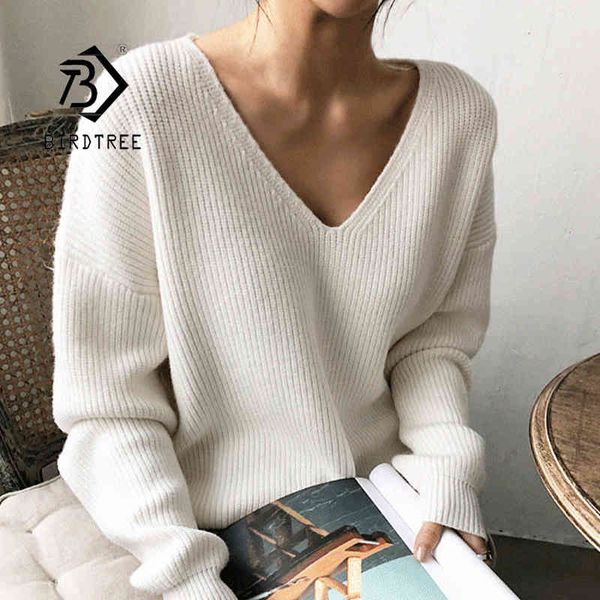 

autumn winter knitted v-neck women's sweater pullover irregular long sleeve women casual loose jumper sweaters t07519r 210416, White;black