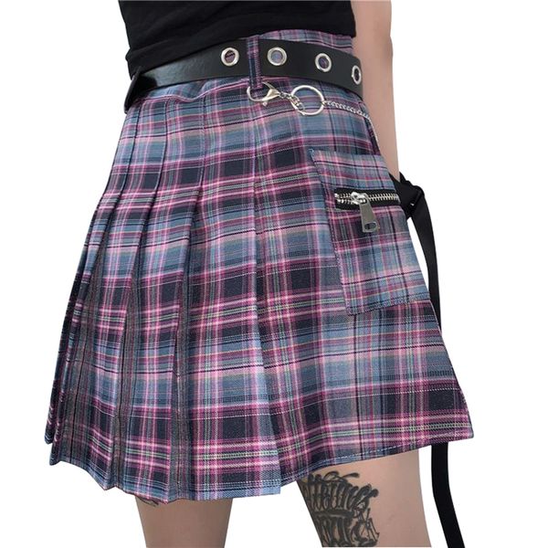 

2021ybyr summer skirt woman y2k zip pleated skirt belt korean high waist a-line mini short plaid skirts 2021 harajuku uniforms, Black