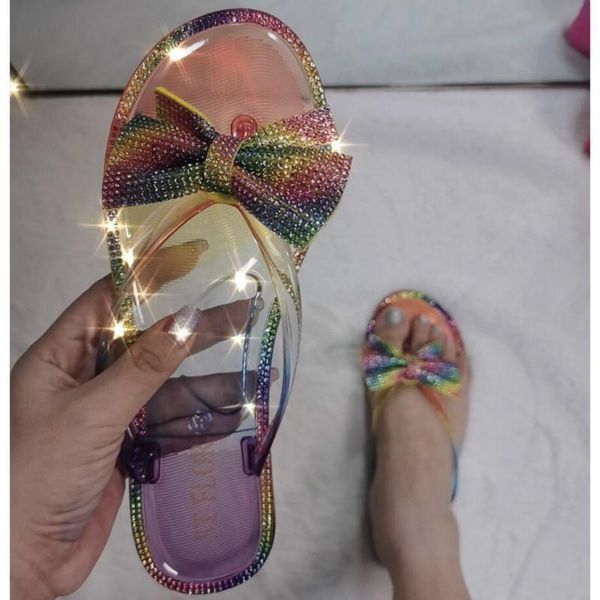 

slippers 2021 bow women flip flops colorful diamond flash drilling sequins beach summer jelly shoes woman fashion slides, Black