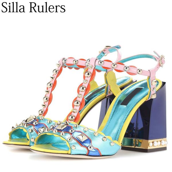 

ladies peep toe rivet high heel sandals square one strap metal buckle mixed colors summer shoes women runway, Black