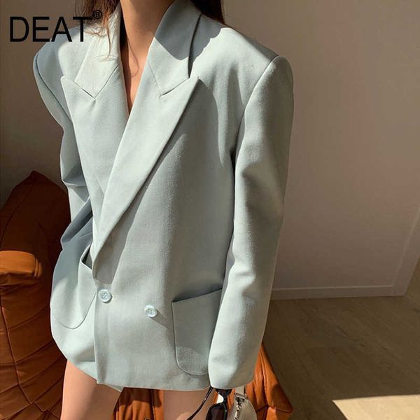 

[deat] spring fashion coat loose v-neck double breasted solid color long sleeve temperament women blazer 13q159 210527, White;black