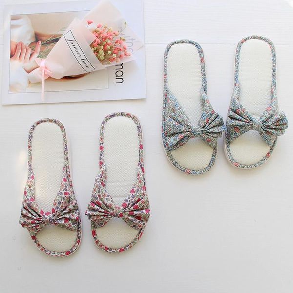 

slippers casual beach shoes indoor use bohemian style broken flower bow home waterproof antiskid women's linen, Black