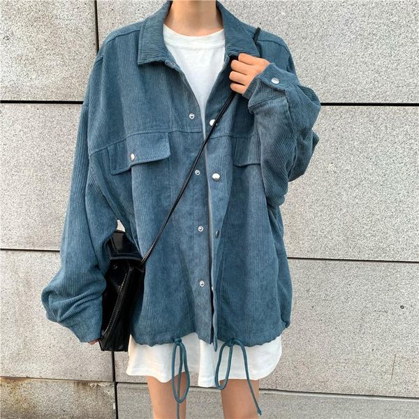 

vintage corduroy jackets women winter autumn cargo coats loose overcoats female drawstring solid color clothing women's, Black;brown