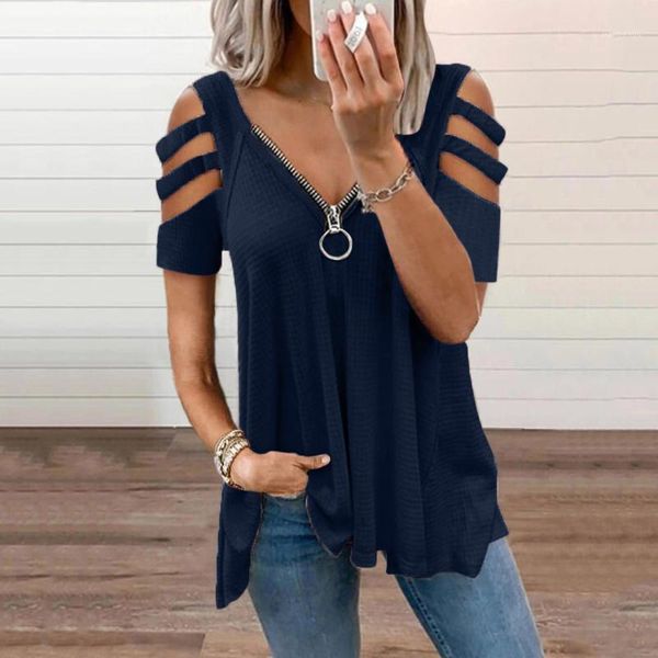 

women's blouses & shirts womens v-neck blouse zipper collar solid color short sleeve casual cold shoulders ruched streetwear basic, White